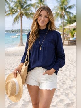 NWOT GAP Mock Neck Embroidered Longsleeve Blouse In Navy- XS